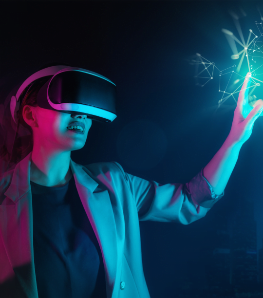 AI Development Company Person Wearing VR Headset Interacting with Virtual Elements, Symbolizing AI Development Innovation